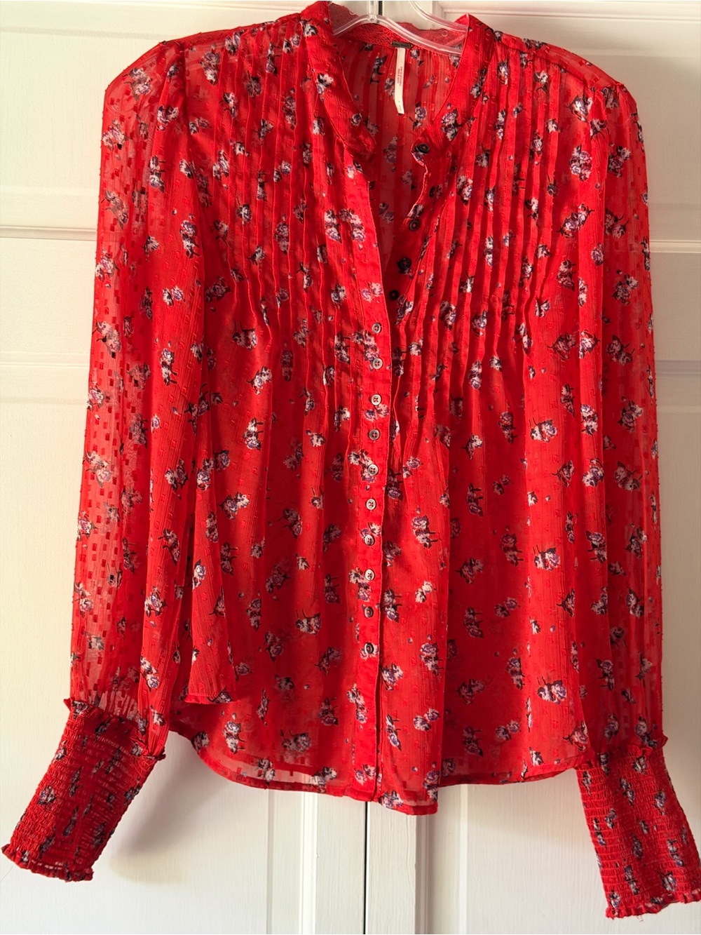 Free People Red Floral sheer Pintuck Button Blouse